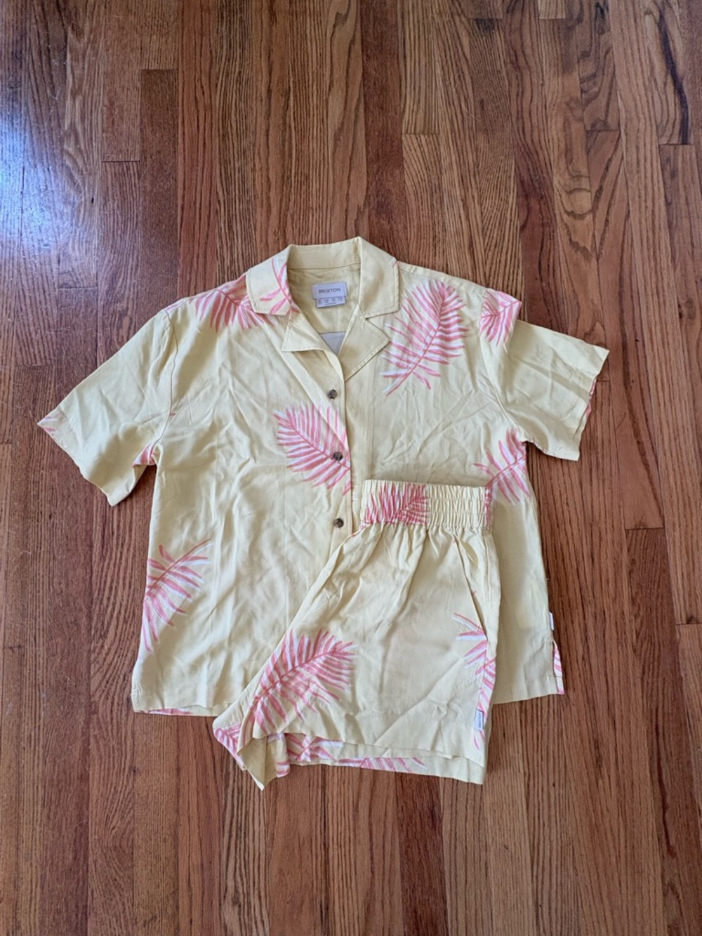 Brixton Yellow Shirt & Shorts Set with Tropical Pink Leaf Accent